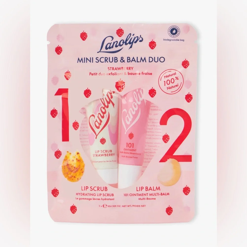 Lanolips Mini Lip Scrub and Balm Duo Strawberry 101 Ointment Hydrating Set NWT